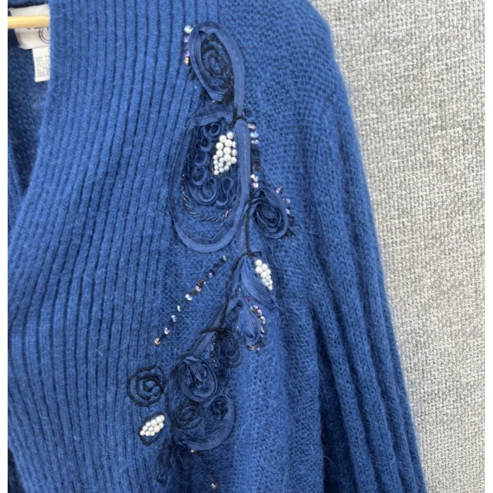 Cervelle Women's Med Blue Mohair‎ Wool Blend Beaded Floral Embroidery Cardigan
